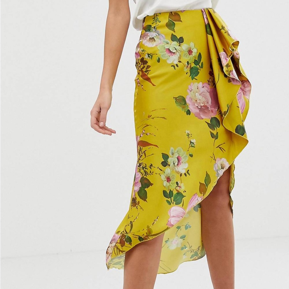 ASOS Design waterfall yellow satin midi watercolor floral midi skirt SIZE 2